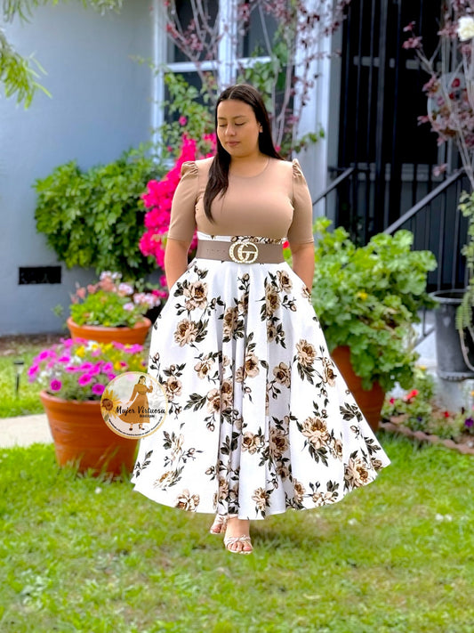 Eliana Mocha & White Floral Dress