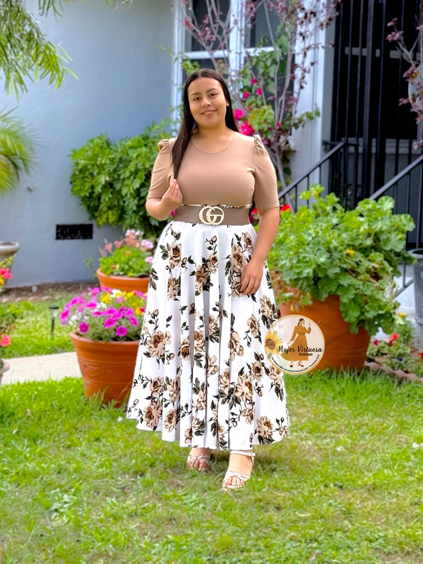 Eliana Mocha & White Floral Dress