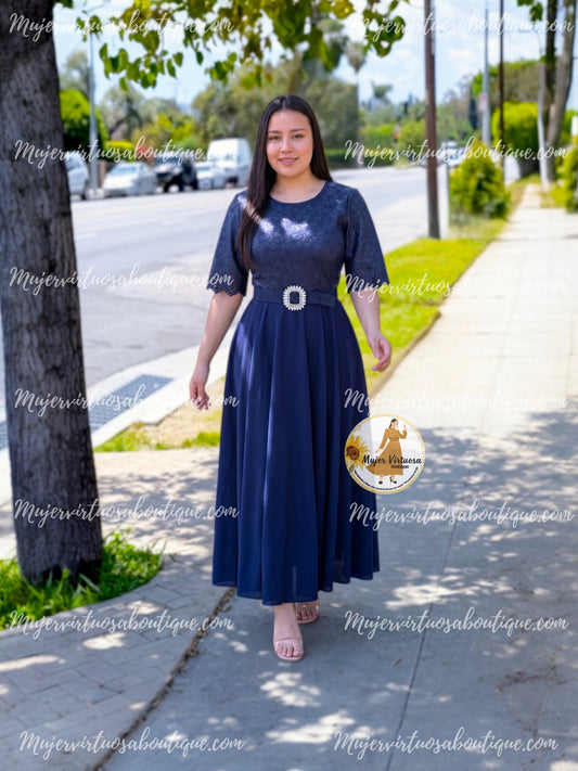 Navy Elegant Brocade Dress