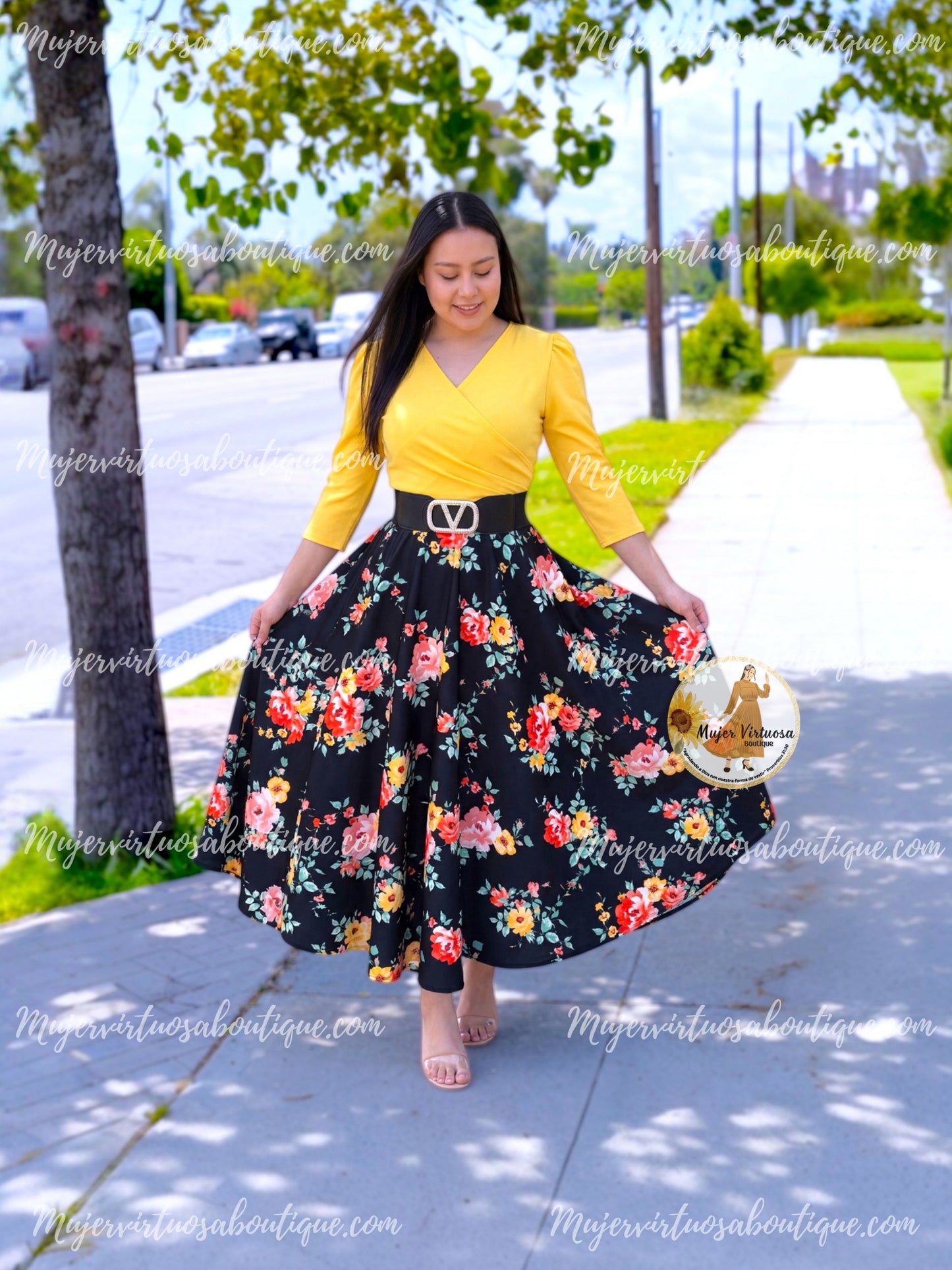 Eva Pastel Yellow & Black Floral Dress