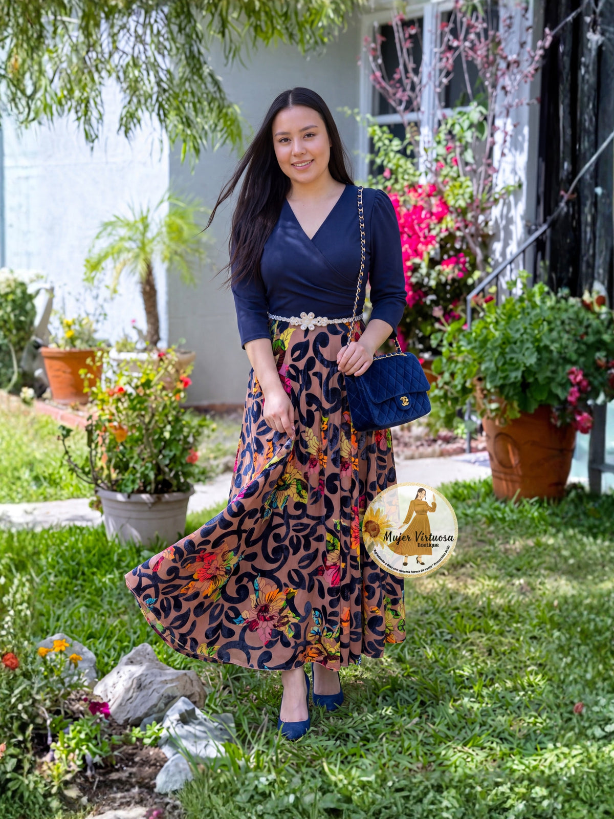 Eva Navy Velvet Floral Dress