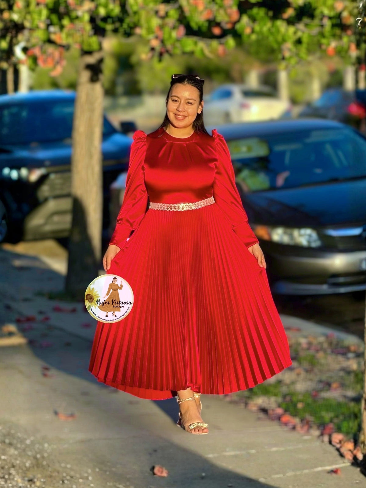 Litzy Ruby Red Satin Pleated Dress