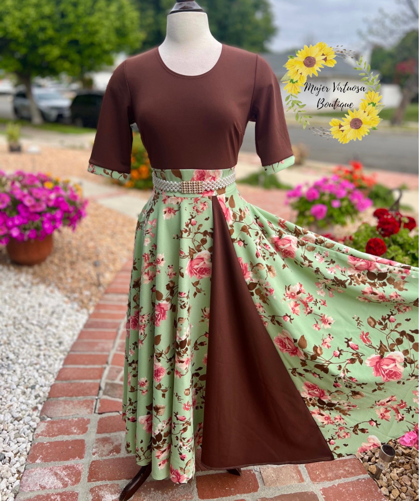 Brown & Green Floral Retro Dress