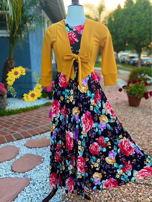 Mustard Floral Pleated Blazer Dress