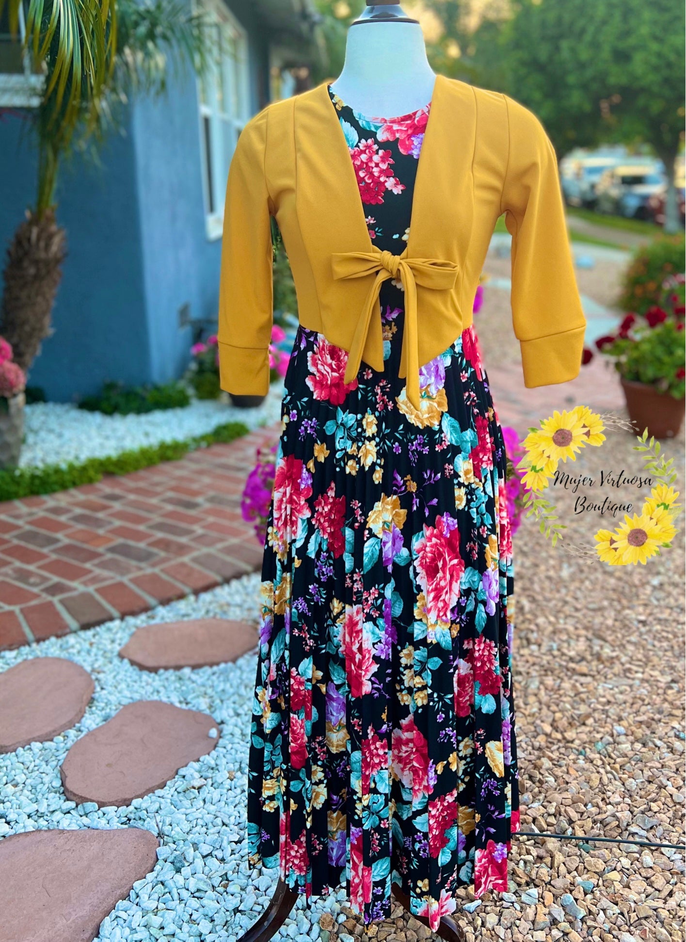 Mustard Floral Pleated Blazer Dress