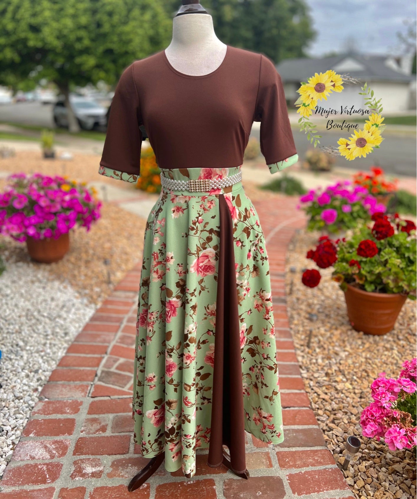 Brown & Green Floral Retro Dress