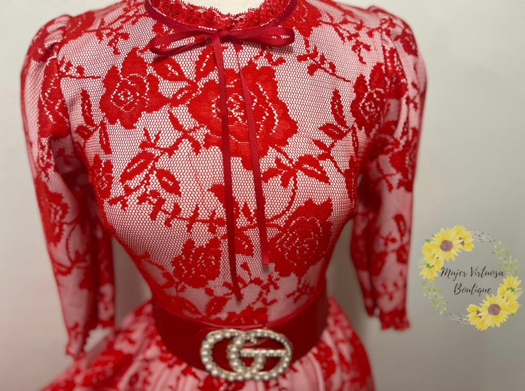 Susan Red Lace Floral Dress