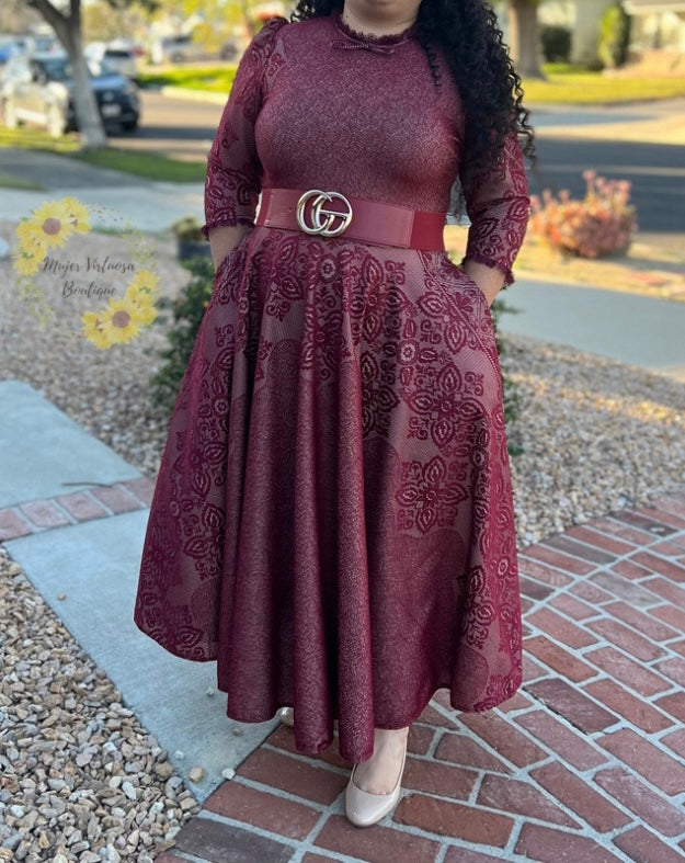 Burgundy Lace Floral Dress